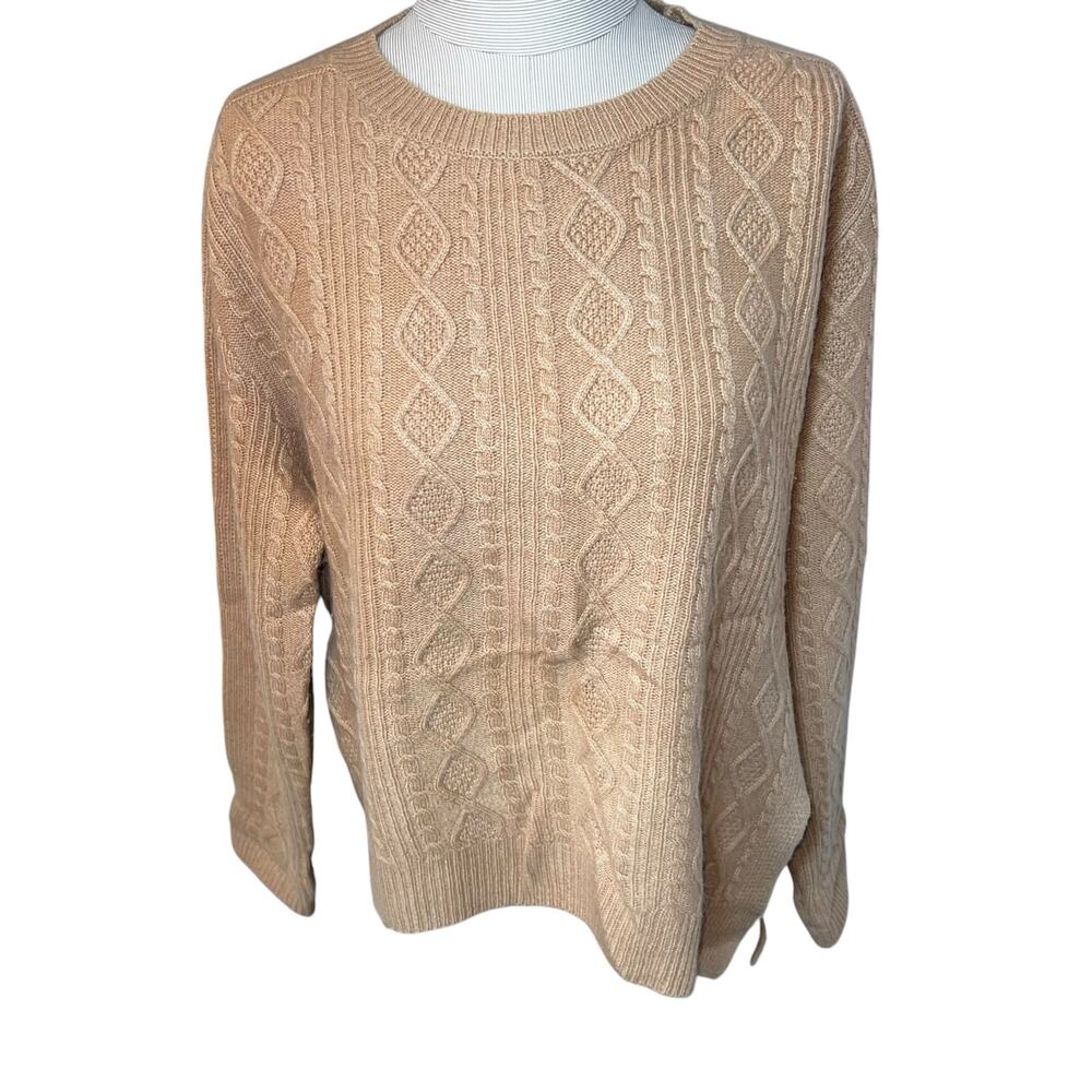 The Cashmere Project Tan women cable knit crewneck sweater sz medium asymmetric
